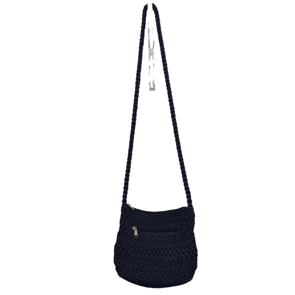 Lina Navy Blue Crochet Shoulder Bag Macrame Knit Zip Top Y2K Boho Purse